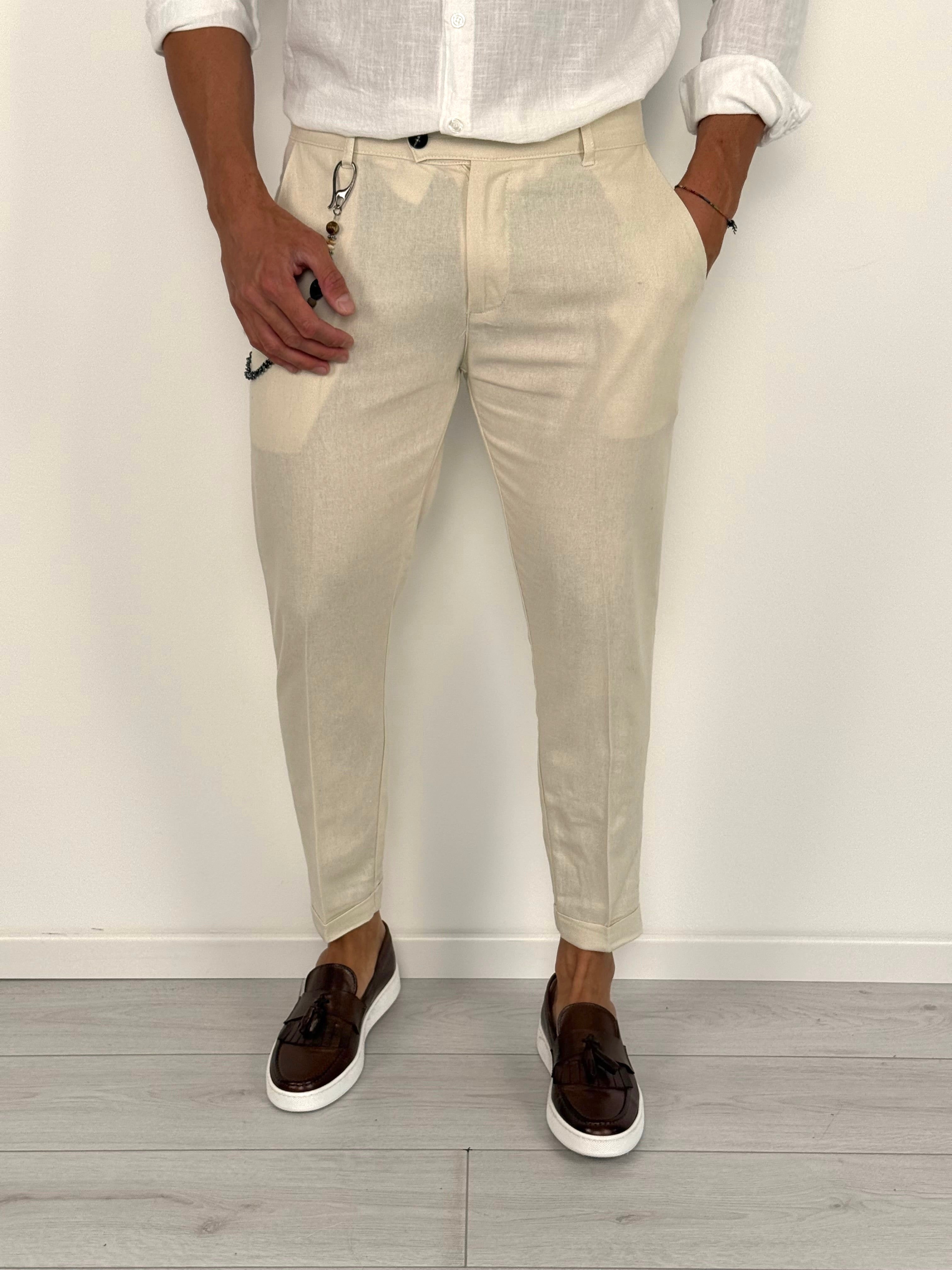 PANTALON CAPRI EN LIN À ROULETTES